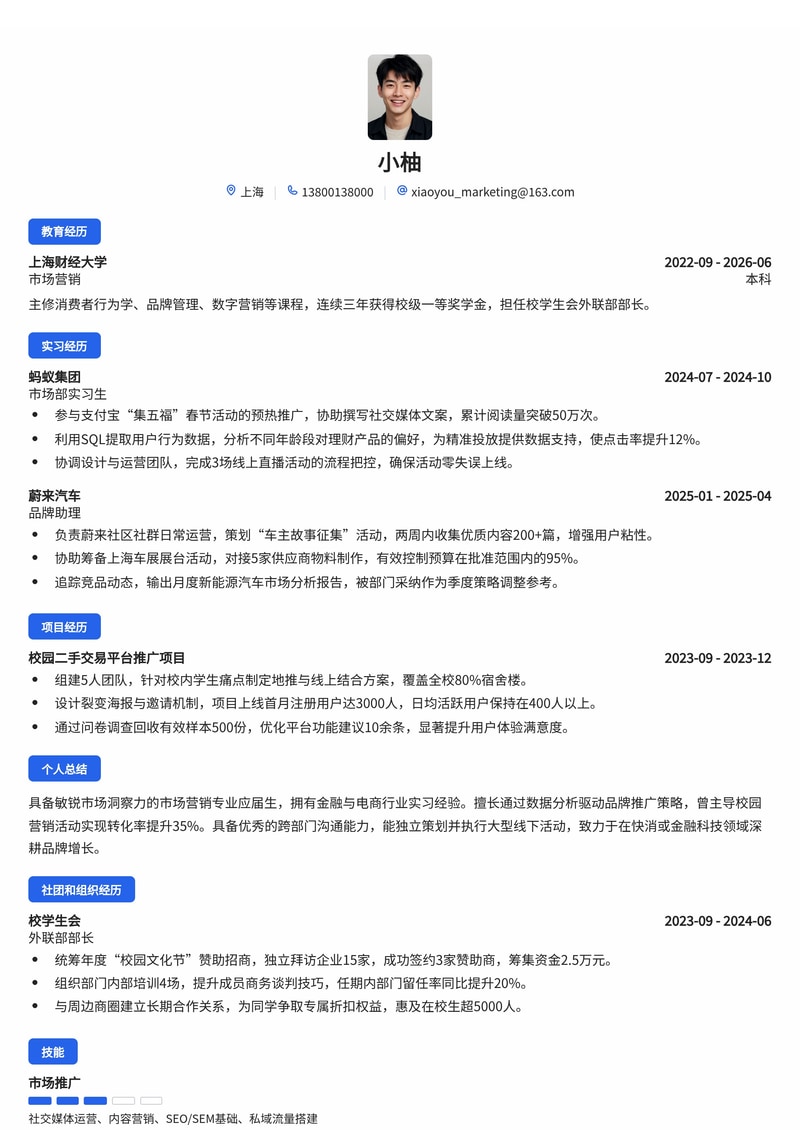 市场营销管培生简历模板（金融/电商/汽车校招）简历模板预览
