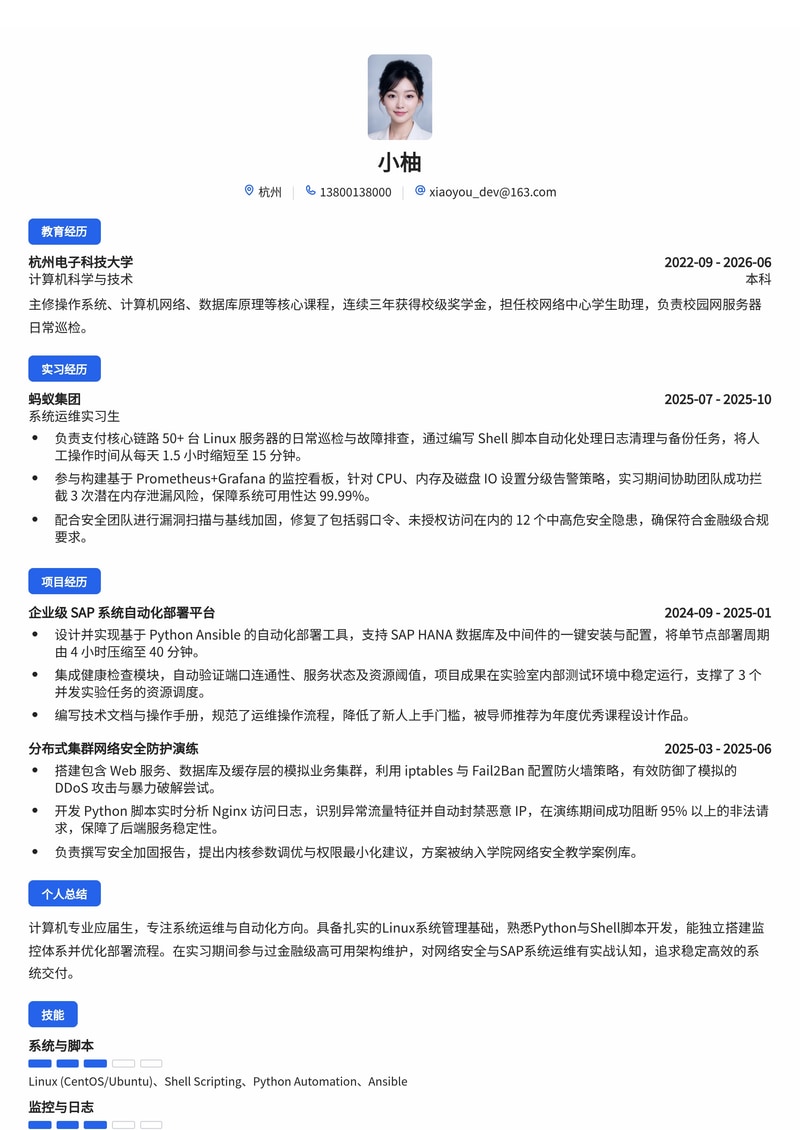系统运维工程师简历模板(互联网/能源/金融校招)简历模板预览