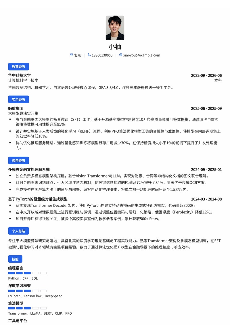 大模型算法工程师简历模板（互联网/金融科技校招）简历模板预览