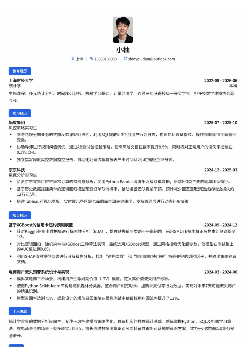数据分析师（风控/策略方向）简历模板（金融/电商校招）简历模板预览