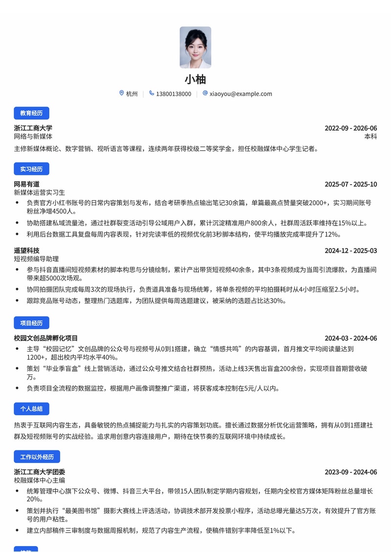 新媒体运营简历模板(互联网/市场营销校招)简历模板预览