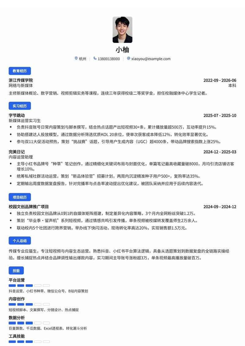 新媒体运营简历模板（传媒/互联网/零售校招）简历模板预览
