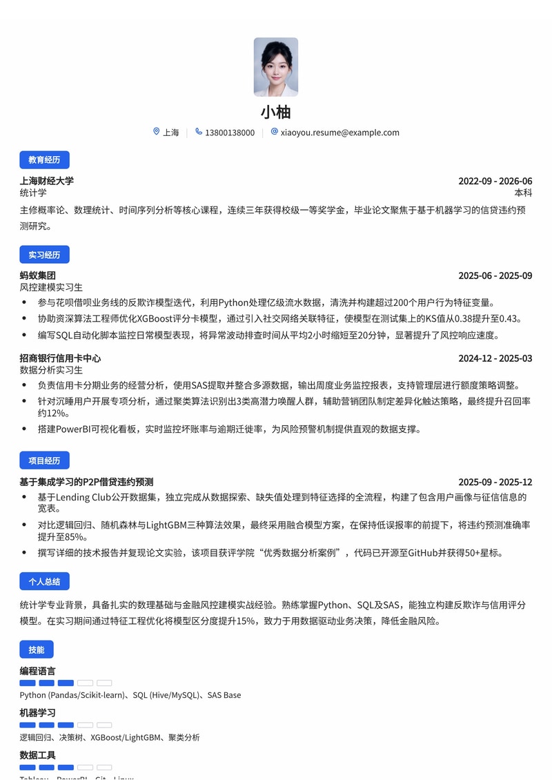 数据分析师/风控建模简历模板（金融/互联网校招）简历模板预览