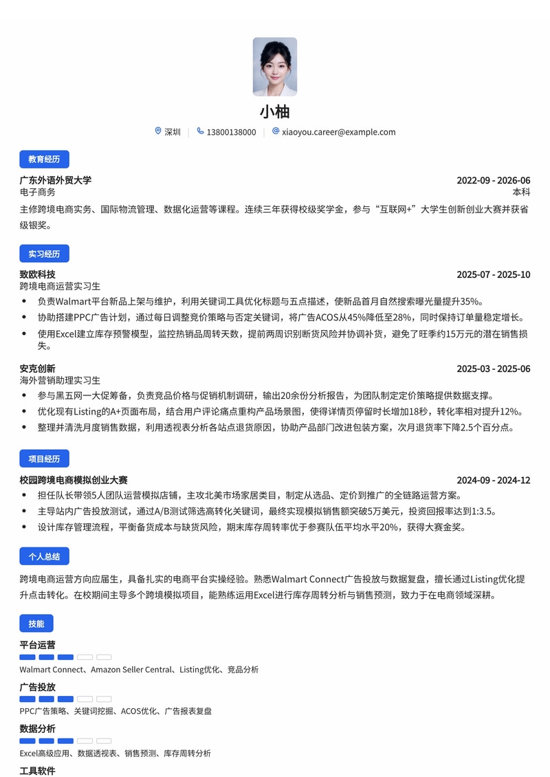 跨境电商运营简历模板（互联网/电商/物流校招）简历模板预览