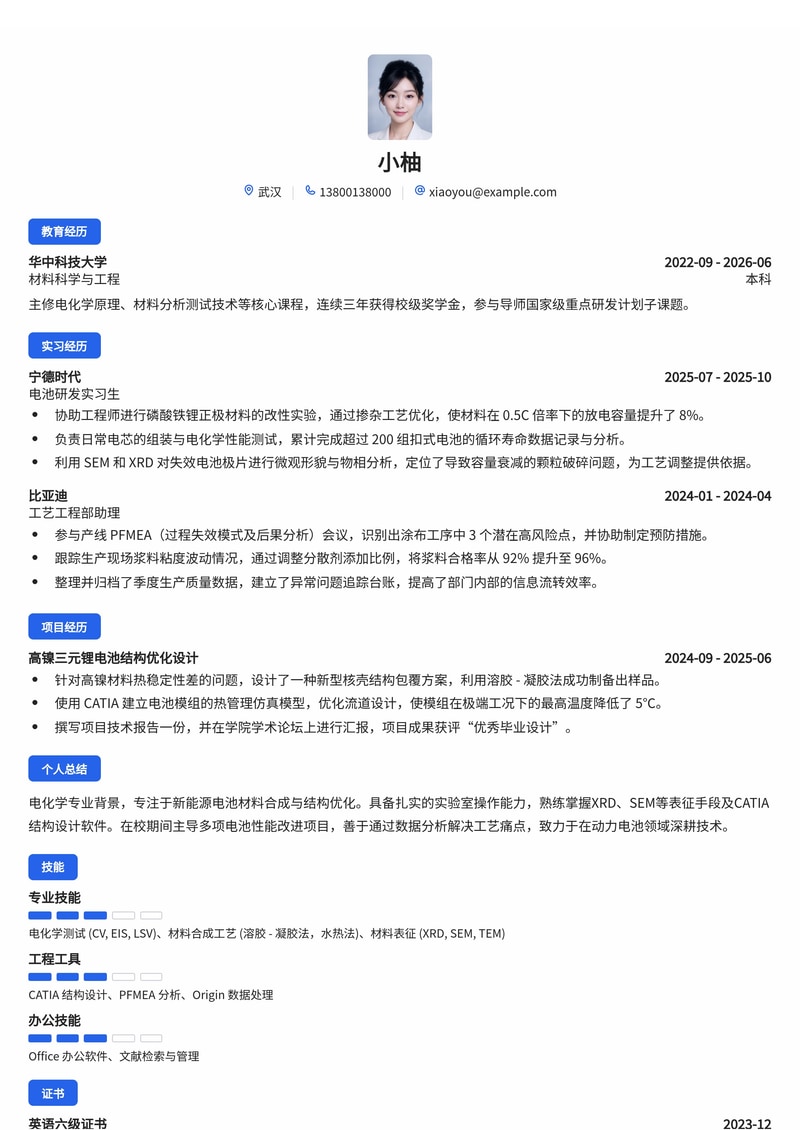 电池研发工程师简历模板(新能源/汽车/能源电力校招)简历模板预览