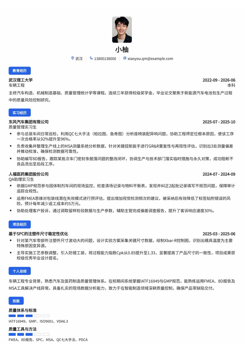 质量管理工程师简历模板（汽车/制造业/医药校招）简历模板预览