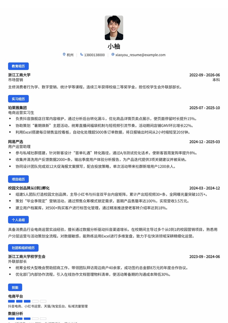 电商运营专员简历模板（消费品/零售/互联网校招）简历模板预览