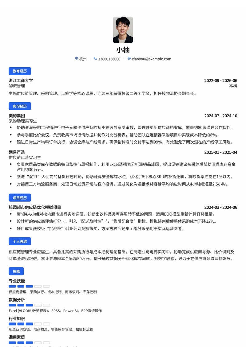 供应链/采购专员简历模板（制造业/零售/电商校招）简历模板预览
