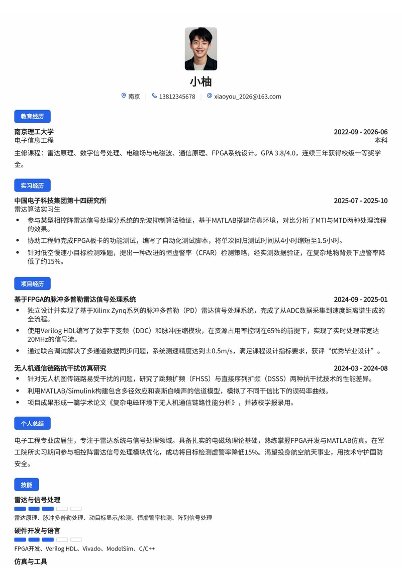 通信/雷达系统工程师简历模板（军工/航空航天校招）简历模板预览