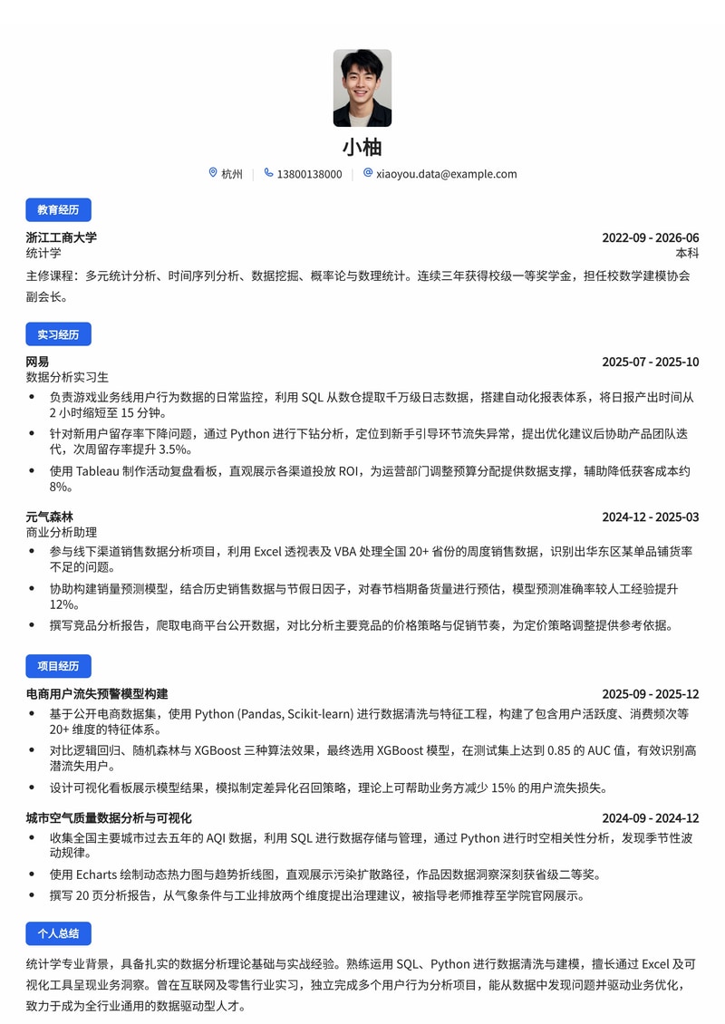 数据分析师简历模板（全行业通用校招）简历模板预览