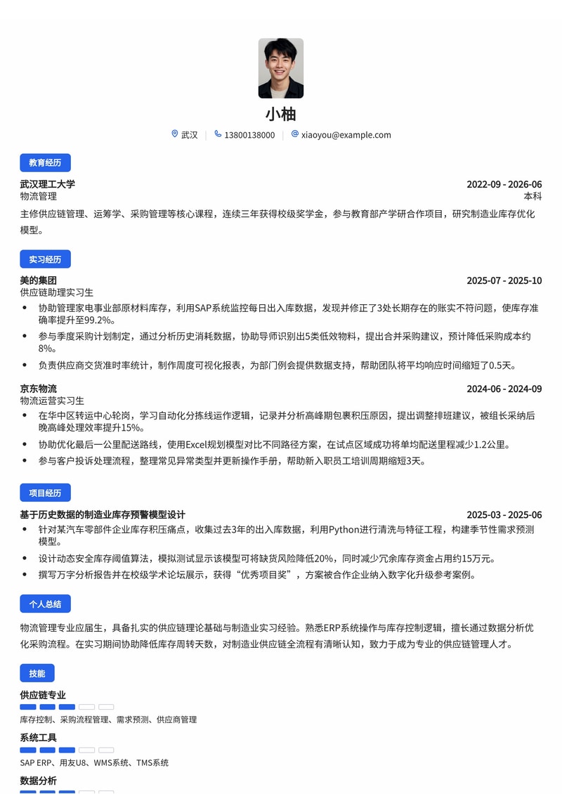 供应链管理培训生简历模板（制造业/物流供应链校招）简历模板预览