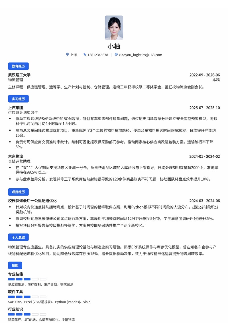 供应链/物流管理校招简历模板（制造业/消费品/物流行业）简历模板预览