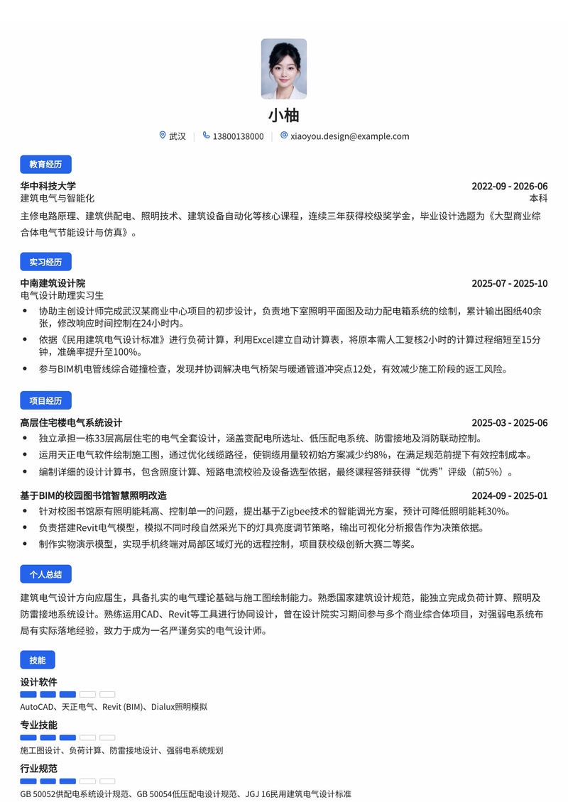 建筑电气设计工程师校招简历模板-专业规范版简历模板预览