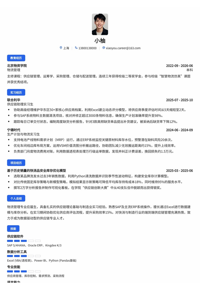 供应链管理培训生简历模板（制造业/物流/快消校招）简历模板预览