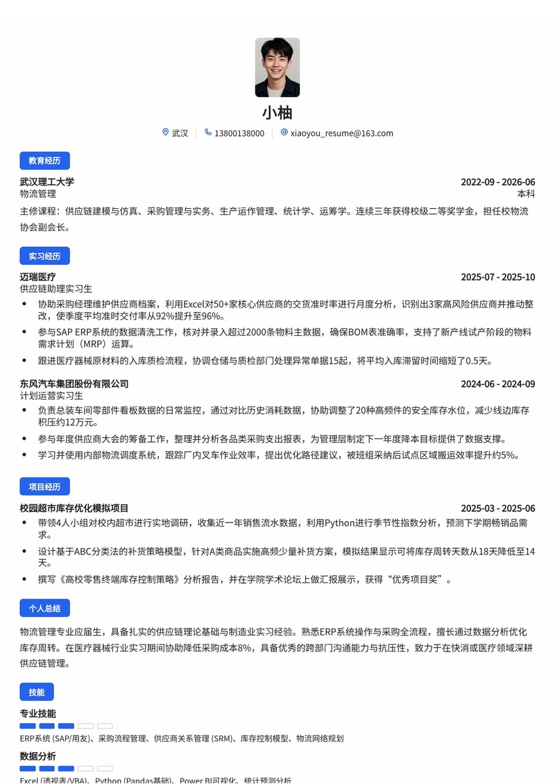 供应链管理培训生简历模板（制造业/医疗/消费品校招）简历模板预览