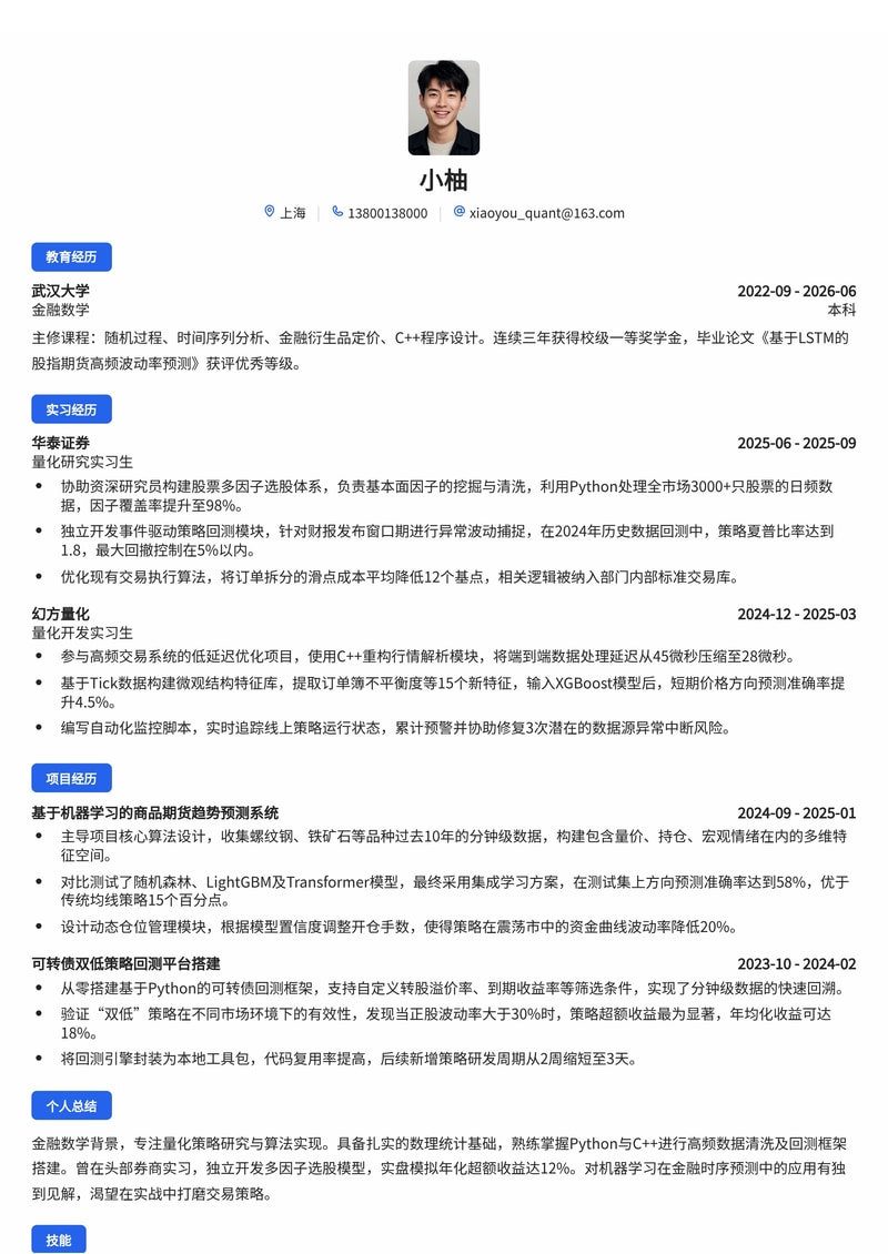 量化研究员简历模板（金融/投资校招）简历模板预览