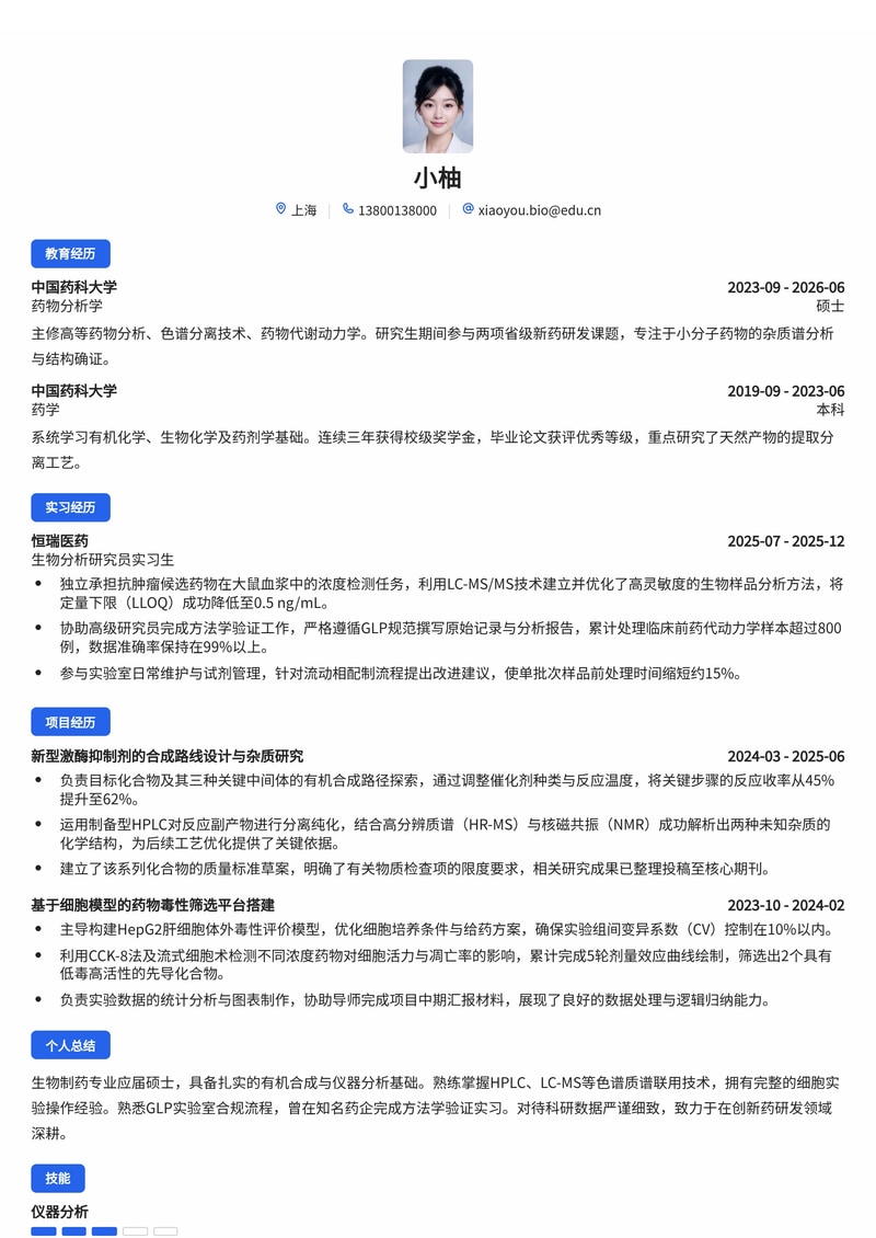 医药研发/生物分析研究员简历模板（医疗/健康/制药校招）简历模板预览