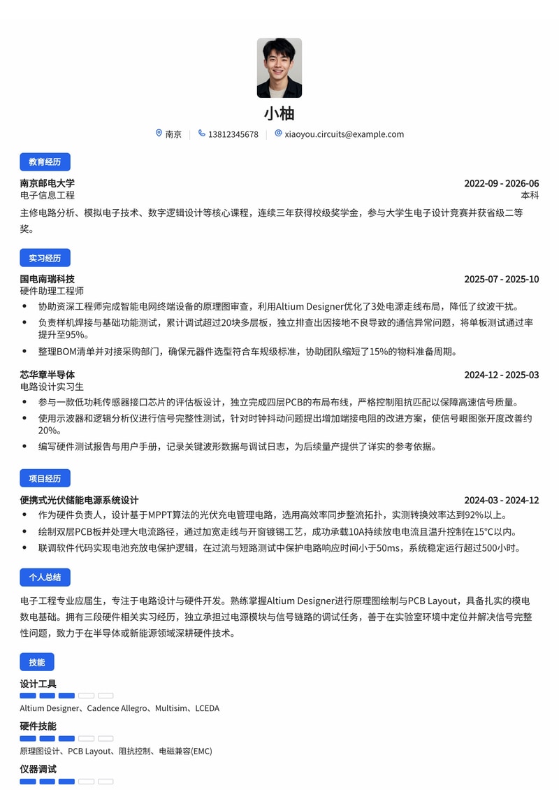 电路设计工程师简历模板（电子/半导体/能源校招）简历模板预览