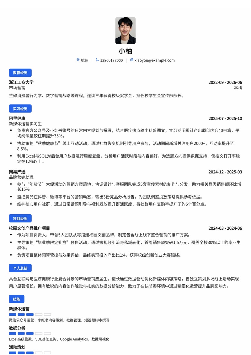 市场营销/运营专员简历模板（互联网/医疗/消费品校招）简历模板预览