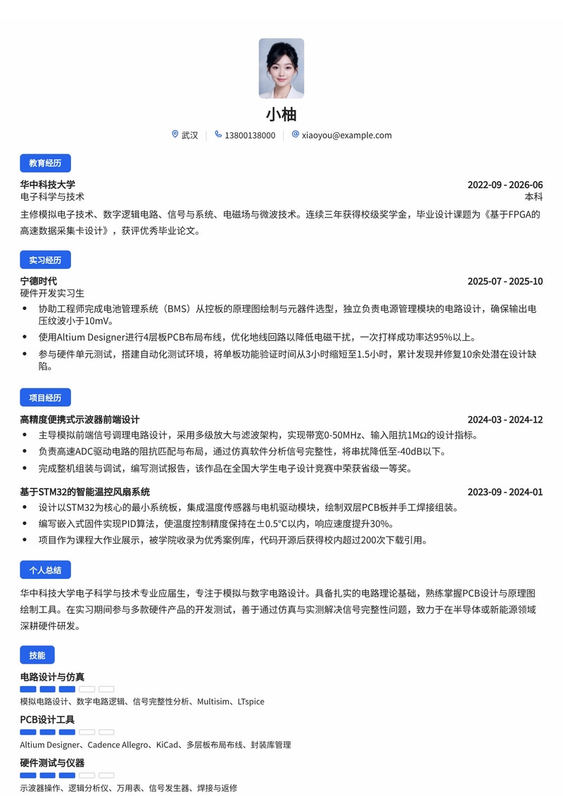 电路设计工程师简历模板（电子/半导体/能源校招）简历模板预览