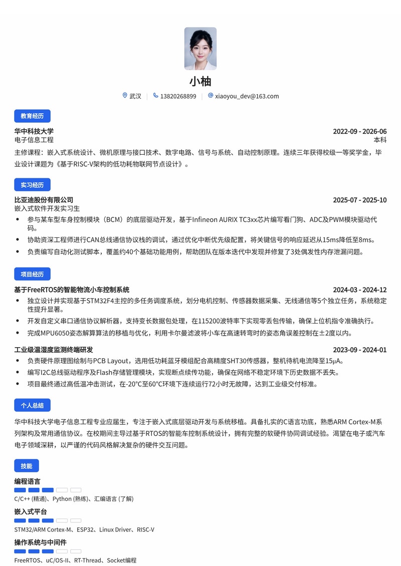 嵌入式软件开发工程师简历模板（电子/半导体/汽车校招）简历模板预览