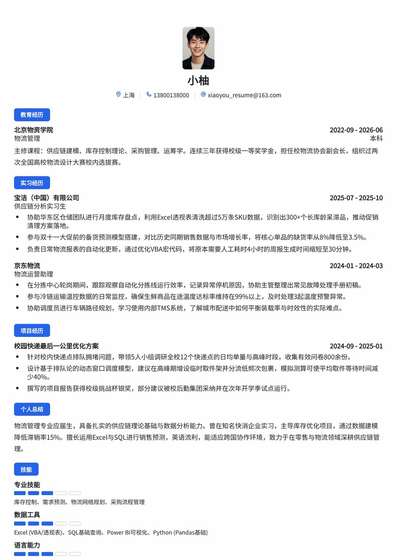 供应链管理管培生简历模板（消费品/零售/物流校招）简历模板预览
