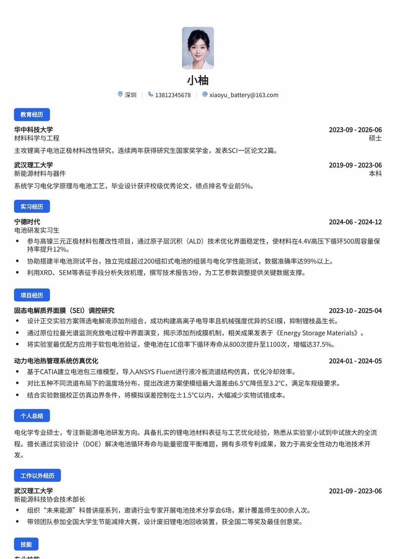 新能源电池研发工程师简历模板（校招专用）简历模板预览