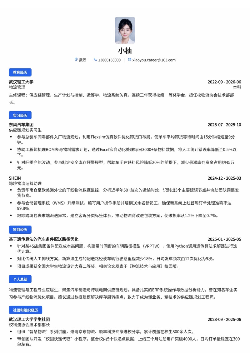 供应链/物流规划工程师简历模板（汽车制造/跨境电商校招）简历模板预览
