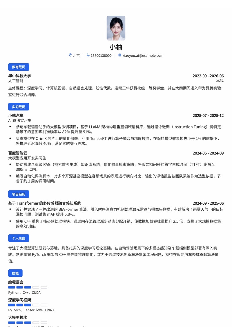AI 算法工程师（大模型方向）校招简历模板 - 人工智能/汽车/专业服务简历模板预览