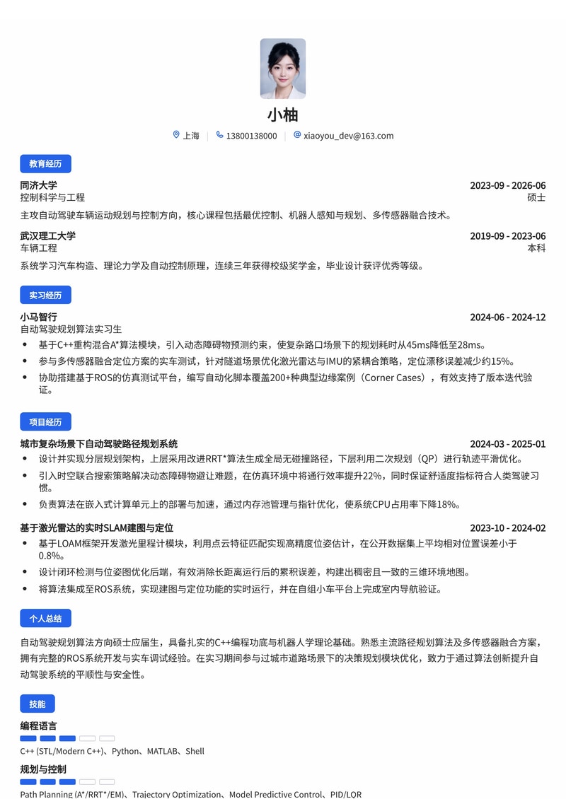 自动驾驶规划算法工程师简历模板（汽车/人工智能校招）简历模板预览