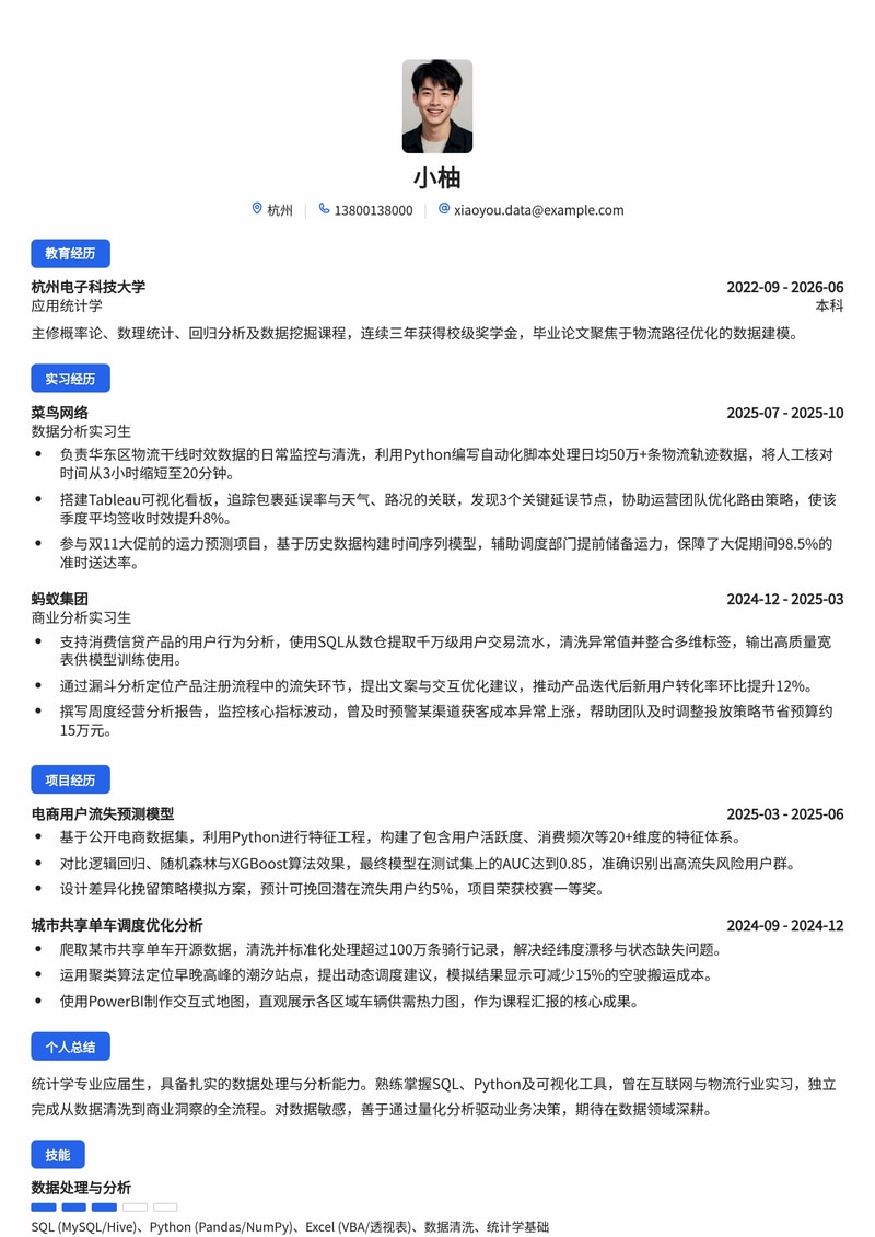 数据分析师/数据开发工程师校招简历模板（互联网/金融/物流）简历模板预览