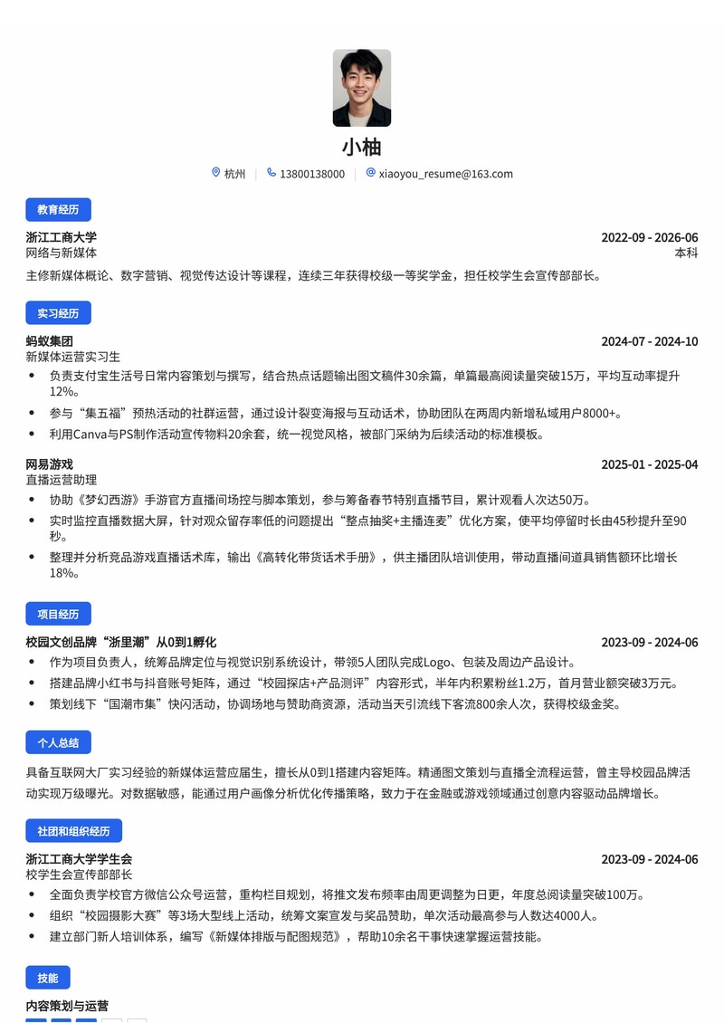 新媒体运营与品牌推广简历模板（互联网/金融/游戏校招）简历模板预览