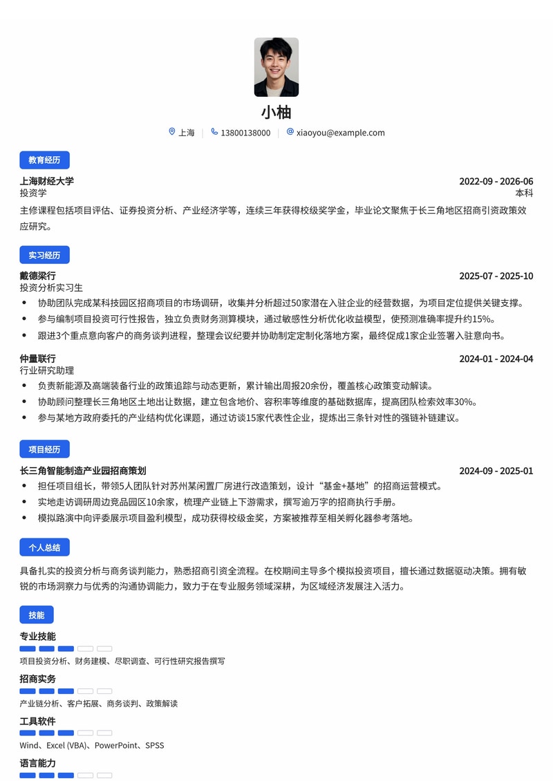 投资招商专员简历模板（专业服务/咨询校招）简历模板预览