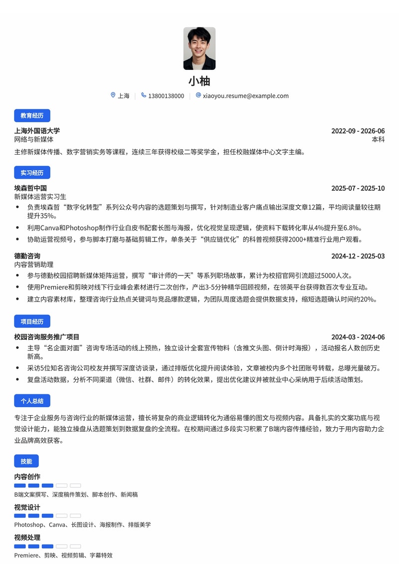 新媒体运营专员简历模板（咨询/企业服务校招）简历模板预览