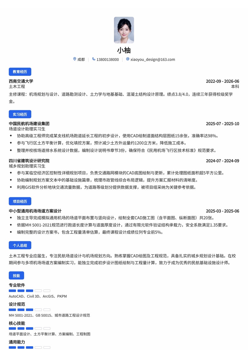 民航场道设计师简历模板（航空航天/基建校招专用）简历模板预览