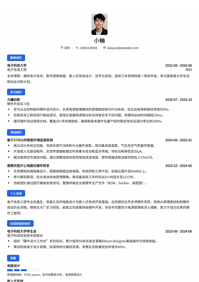 硬件工程师简历模板（互联网/电子制造校招）简历模板预览