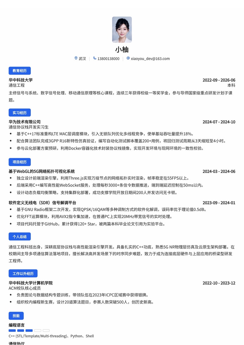 通信软件研发工程师简历模板（互联网/通信校招）简历模板预览