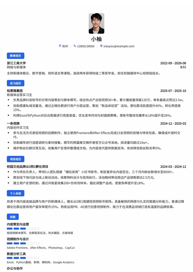 新媒体运营简历模板（消费品/传媒/零售校招）简历模板预览