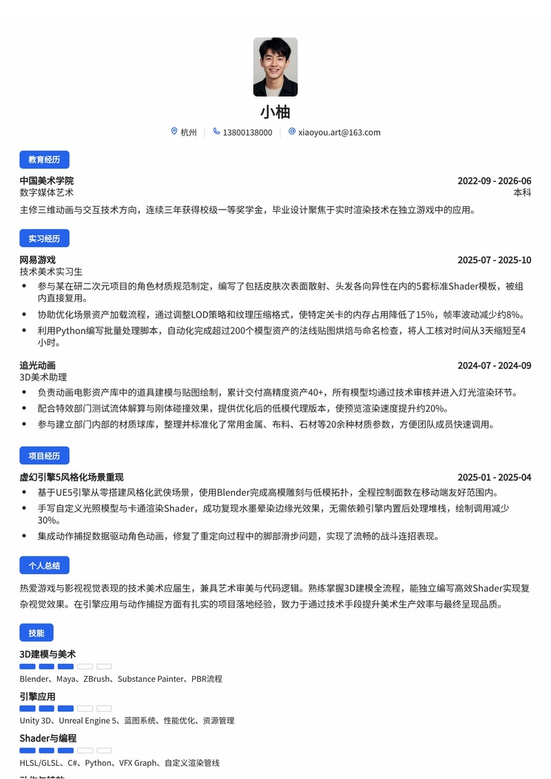 美术/技术美术简历模板（游戏/影视/互联网校招）简历模板预览