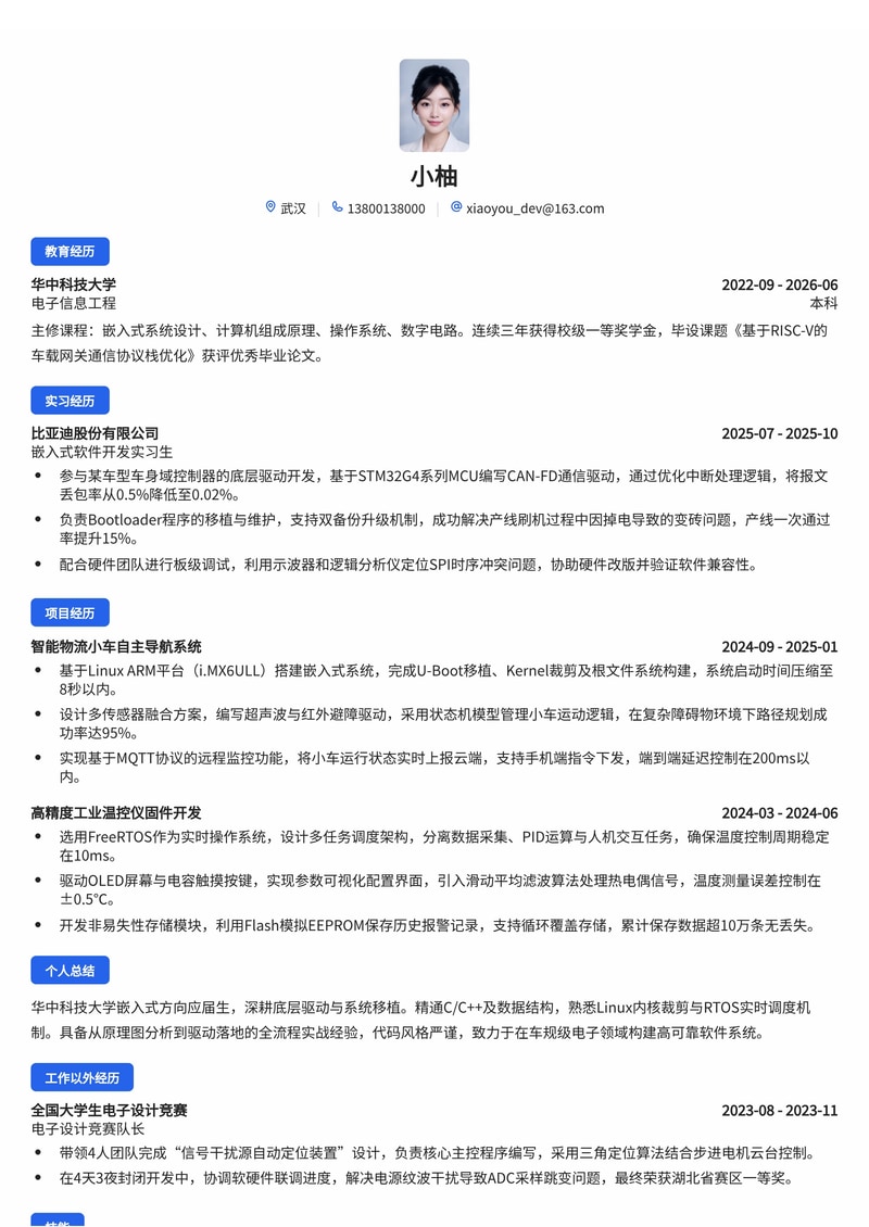 嵌入式软件工程师简历模板（电子/半导体/汽车电子校招）简历模板预览