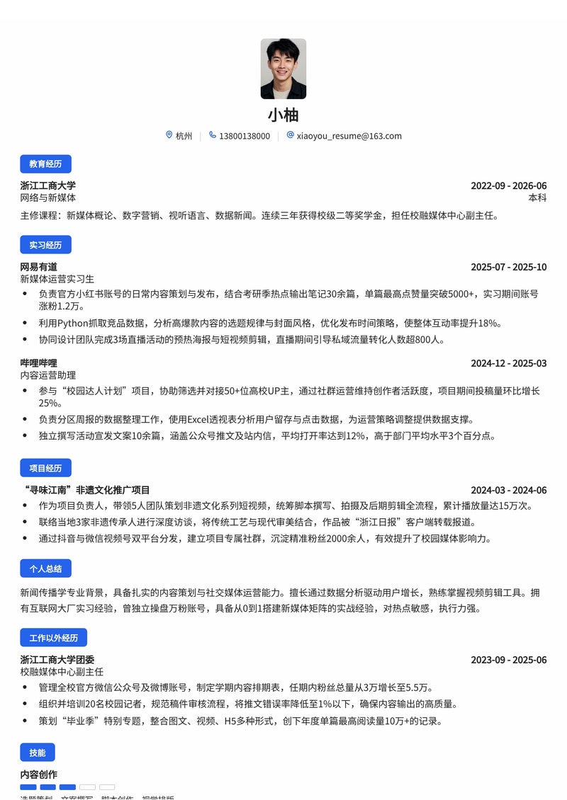 新媒体运营师简历模板（互联网/传媒校招）简历模板预览