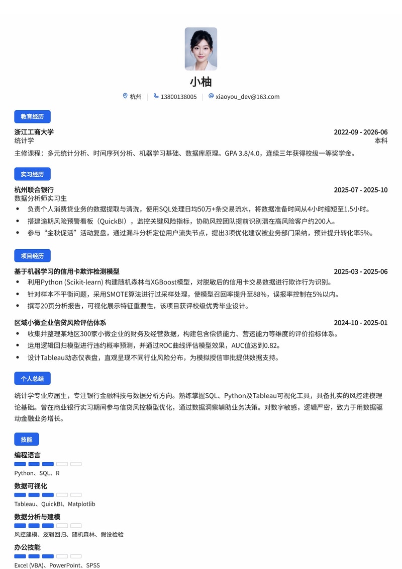 银行金融科技数据分析师校招简历模板（SQL/Python/风控建模）简历模板预览