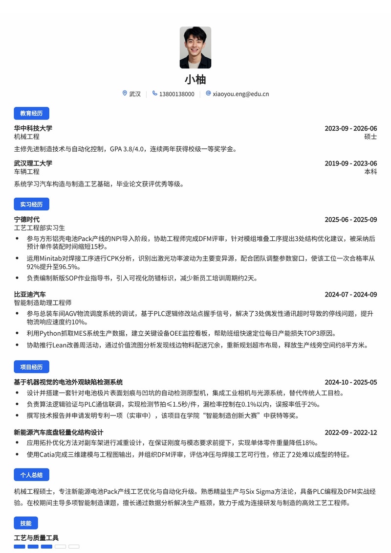 智能制造工艺工程师简历模板(新能源/汽车制造校招)简历模板预览