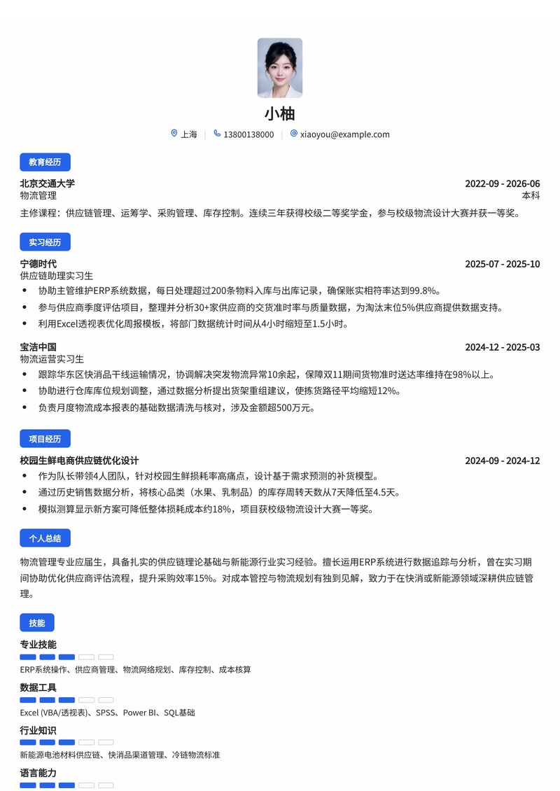 供应链管理培训生简历模板(新能源/快消校招)简历模板预览