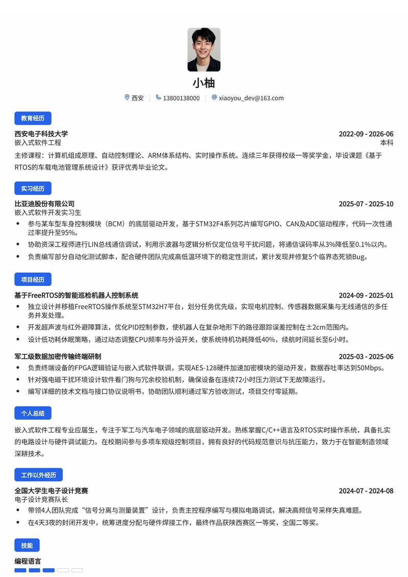 嵌入式软件工程师简历模板(军工/汽车/智能制造校招)简历模板预览