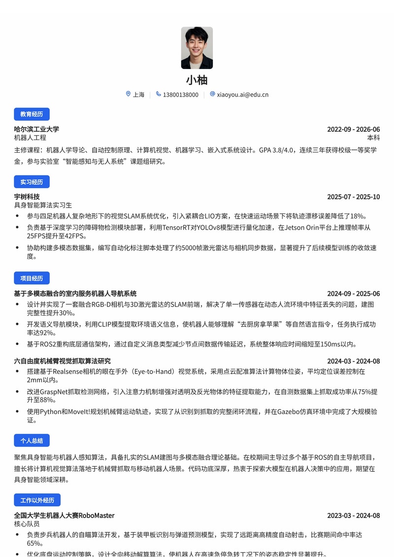 具身智能算法工程师简历模板(机器人/AI校招)简历模板预览