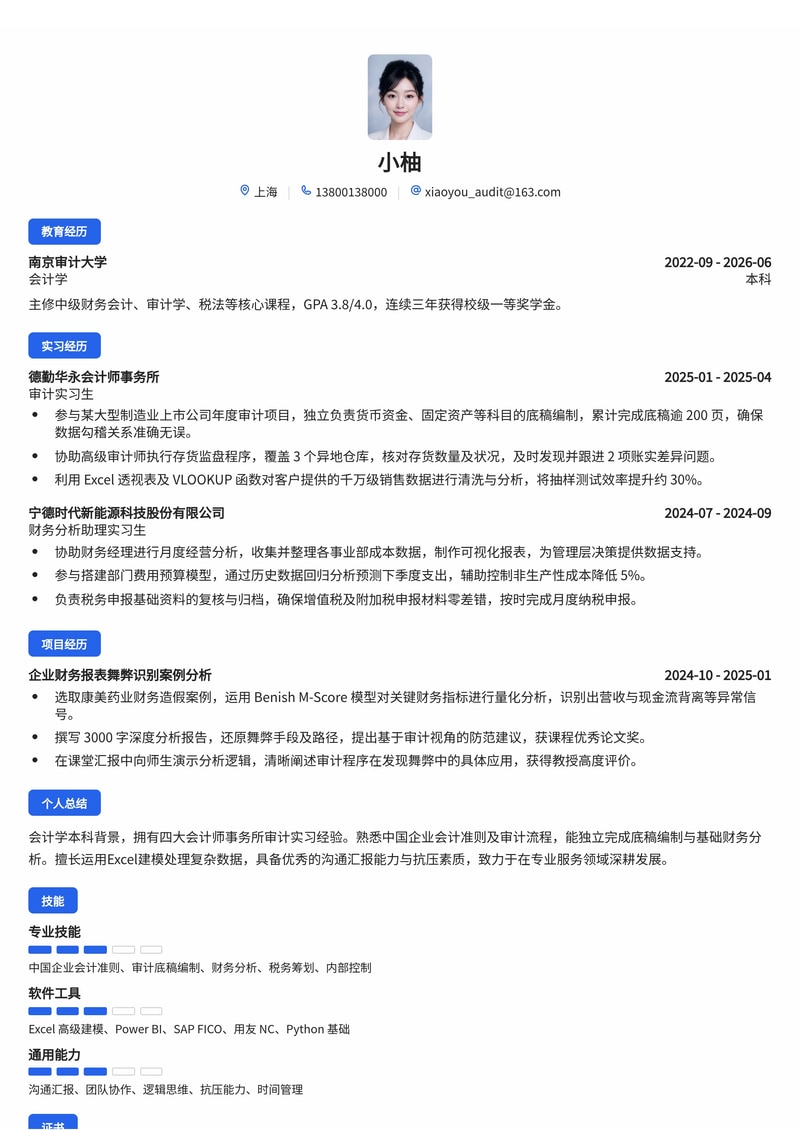 审计财务咨询顾问校招简历模板 - 专业服务会计师事务所专用简历模板预览