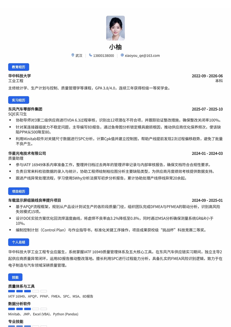 质量管理工程师 (SQE/PQA) 校招简历模板 - 电子制造/汽车供应链简历模板预览