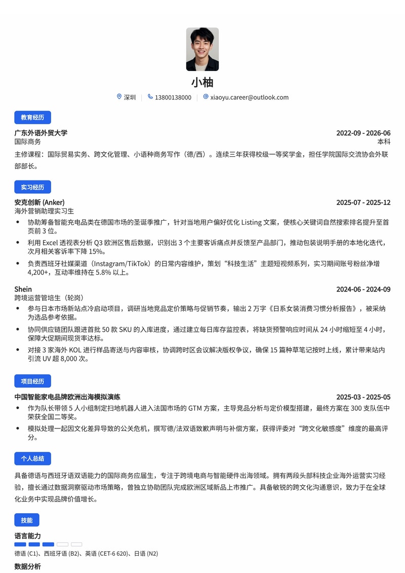 海外营销管培生简历模板(跨境电商/智能硬件校招)简历模板预览