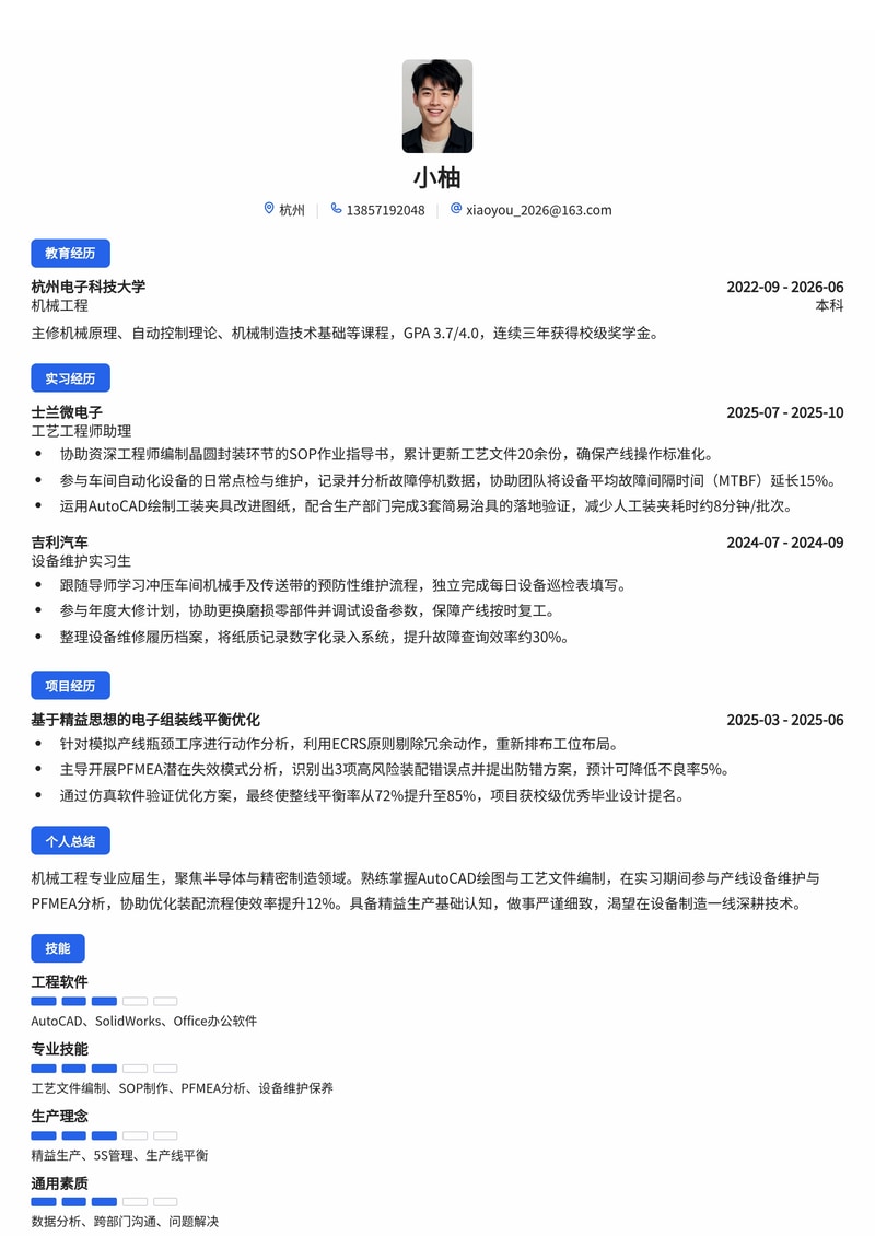 工艺设备工程师简历模板（半导体制造业能源校招专用）简历模板预览